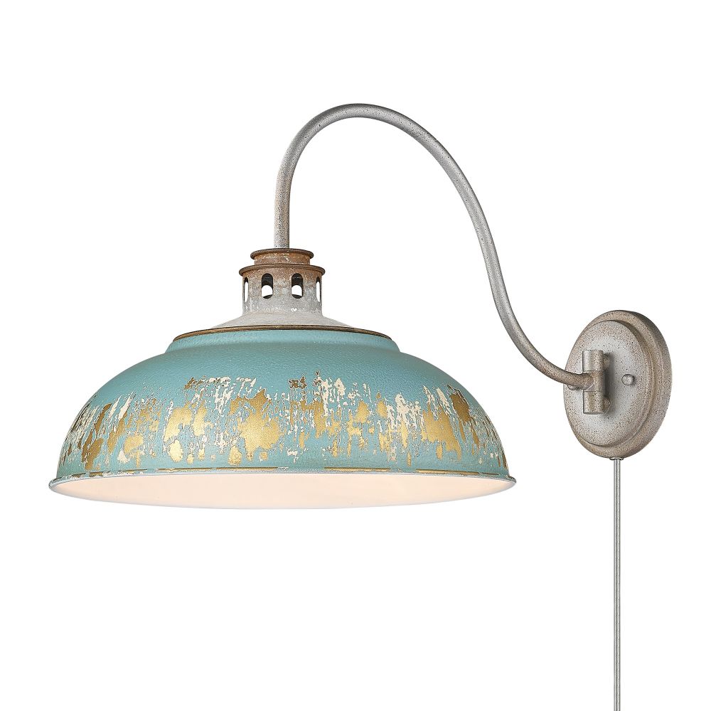 Golden Lighting 0865-A1W AGV-TEAL Kinsley 1 Light Articulating Wall Sconce in Aged Galvanized Steel with Antique Teal Shade Shade